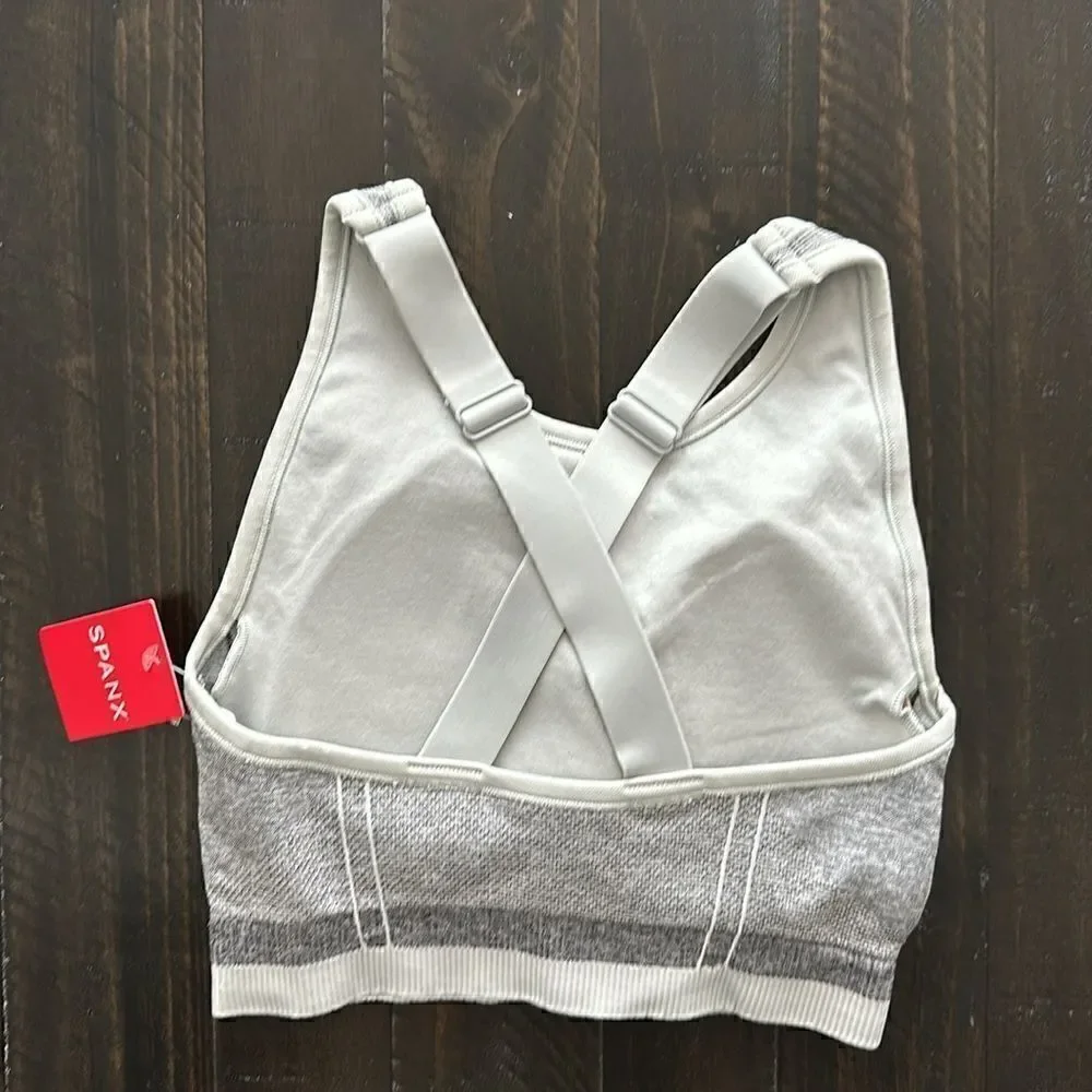NWT Spanx Spacedye Cloudy Gray Seamless Sculpt Sports Bra S Padded Crisscross